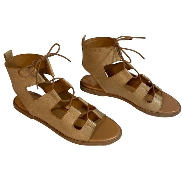 New Report Zahara Gladiator Sandals Tan Faux Leather Size 7 1/2 - Picture 1 of 9